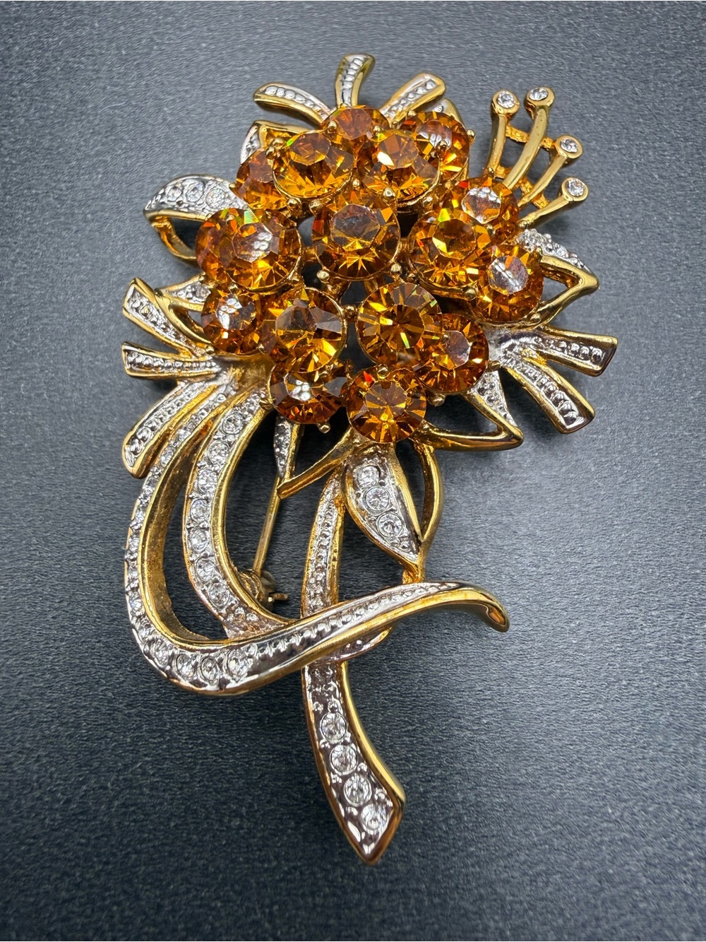 Vintage JBK Amber Rhinestone Floral Brooch Pendant Statement Jewelry